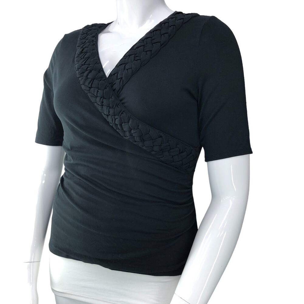 Etcetera Womens Size L Top Braided V Neck Faux Wrap Ruched Half Sleeve Blouse